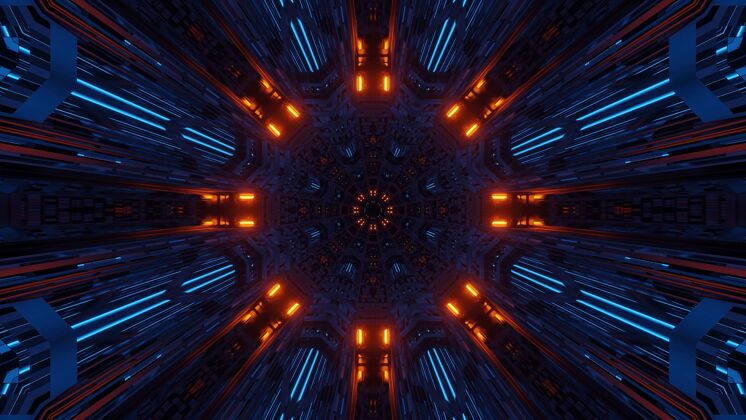 对称未来对称和反射抽象空间与橙色和蓝色霓虹灯灯光现代图案