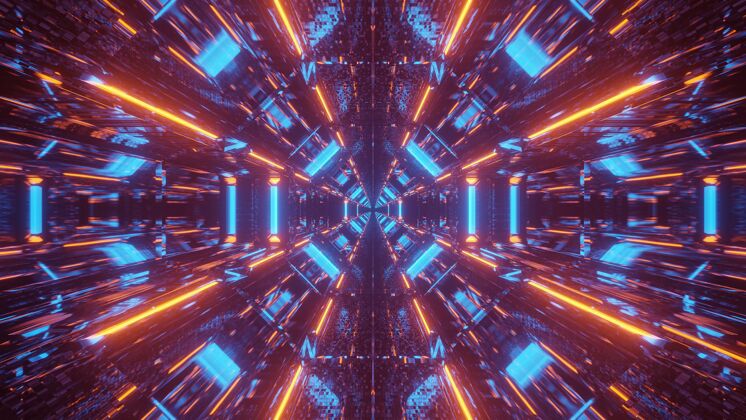 背景蓝色和橙色激光图案的宇宙背景-完美的数字墙纸形状霓虹灯图形