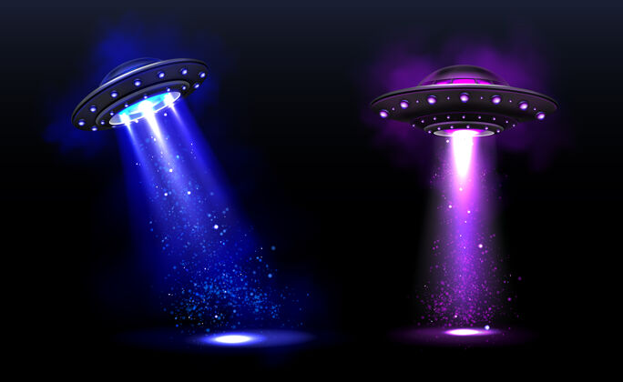 宇宙三维不明飞行物 矢量外星飞船与蓝色和紫色光束闪烁碟与照明和明亮的光线为人类绑架 不明飞行物体现实矢量插图宇宙科幻颜色