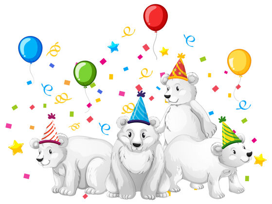 生活北极熊群在派对上的主题卡通人物就白了节日人物庆祝