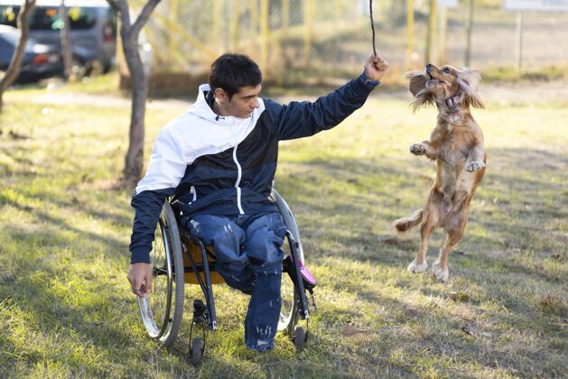 可爱全镜头残疾人玩狗坐着轮椅残疾