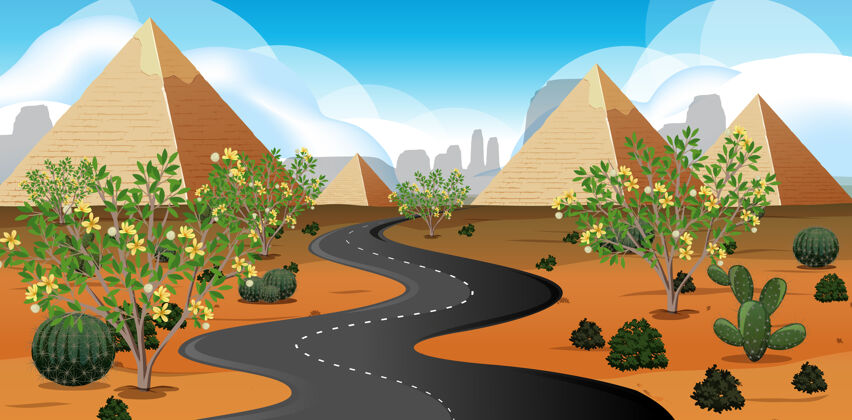 金字塔野外沙漠景观在白天的景象干燥卡通道路