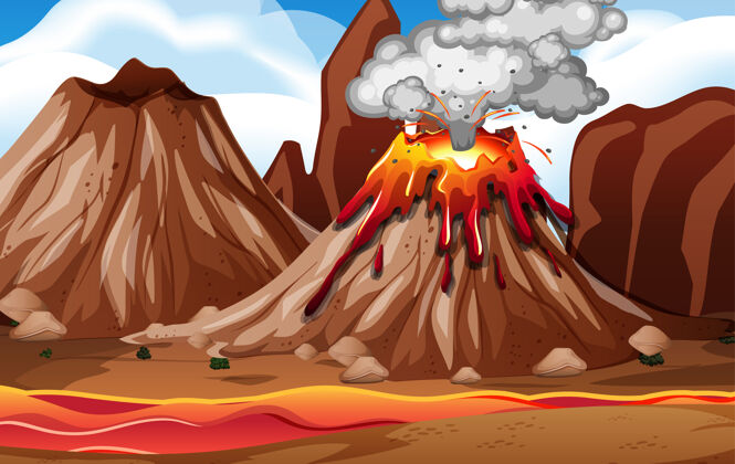 黑暗火山喷发在白天的自然景象卡通喷发剪贴画