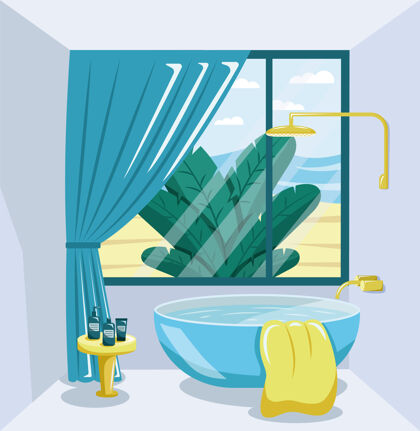 淋浴现代化的浴室室内大窗户浴缸毛巾浴室内部
