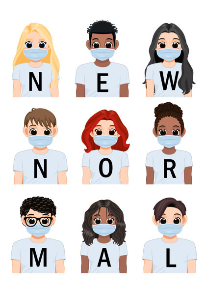 多样性白衬衫背景上的新普通字母和戴着医用面罩的不同女孩和男孩女性女孩团体